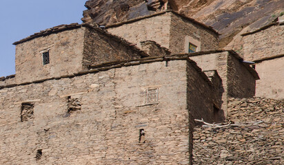 the Berber village in the high mountains, the construction of villages and houses is based on stone, wood and raw earth, a rudimentary construction technique, and also a natural, ecological, and comfo