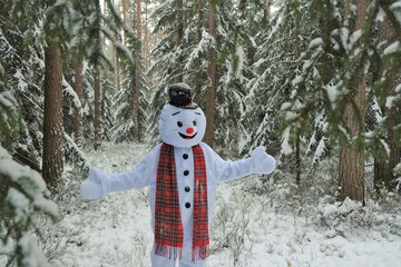 Snowman.Christmas and New Year.Snowman plays in the winter snowy forest.Cheerful snowman. fun and...