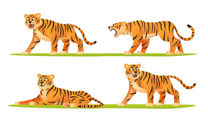 Set of tiger in various poses cartoon illustration