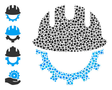 Round dot composition development hardhat. Vector mosaic is based on development hardhat icon, and done of scattered circle elements.