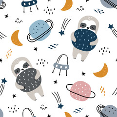Cartoon animal background for kids Seamless pattern with sloth floating in space and stars. Kids style hand drawn design. Use for fabric, textile, wallpaper print, decoration, vector illustration. © TEe Du