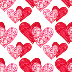 Obraz na płótnie Canvas Seamless pattern two red heart on white. Hand-drawn marker naive art. Ornate swirl line. Creative design background for valentines day, card, celebration, 8 March, textile, wedding, wrapping