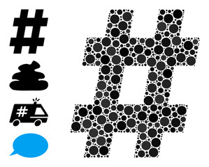 Round dot mosaic hashtag. Vector mosaic is based on hashtag icon, and formed of randomized circle parts. Vector icon of hashtag composed with scattered circle points.