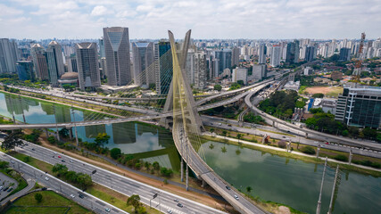 Estaiada's bridge aerial view in Marginal Pinheiros, São Paulo, Brazil. Business center. Financial...