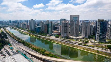 Fototapeta na wymiar Aerial view in Marginal Pinheiros, São Paulo, Brazil. Business center. Financial Center. 