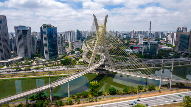 Estaiada's bridge aerial view in Marginal Pinheiros, São Paulo, Brazil. Business center. Financial Center. Famous cable stayed (Ponte Estaiada) bridge