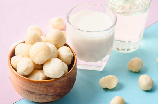 Macadamia milk in a glass and a bowl of macadamia nuts with oil.