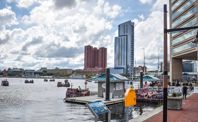 Baltimore, Maryland, USA - October 9, 2021: Looking Out Over the Baltimore Inner Harbor Where...