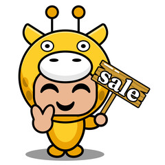 vector cartoon character mascot costume cute animal giraffe holding a selling board