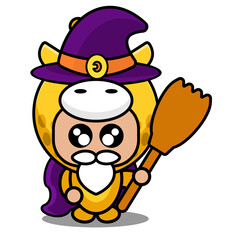 vector cartoon character mascot costume animal cute giraffe witch robe holding broom stick