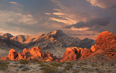 Sunrise Over the Mountains of Valley of Fire State Park, Nevada