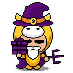 vector cartoon character mascot costume animal cute giraffe cloak witch holding wand and gift
