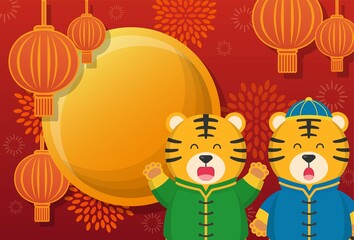 Fototapeta premium Poster for Chinese New Year, Year of the Tiger Comic Cartoon Character Mascot Vector