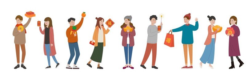 9 Chinese Lunar New Year characters, comic cartoon vector characters with action expressions