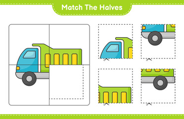 Match the halves. Match halves of Lorry. Educational children game, printable worksheet, vector illustration