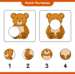 Match the halves. Match halves of Teddy Bear. Educational children game, printable worksheet, vector illustration