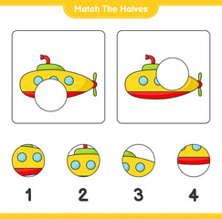Match the halves. Match halves of Submarine. Educational children game, printable worksheet, vector illustration