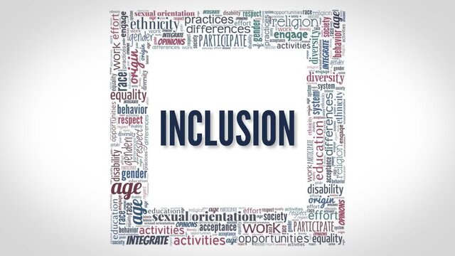 Inclusion typography animation with a word cloud. Colorful text with shadows over white background.	
