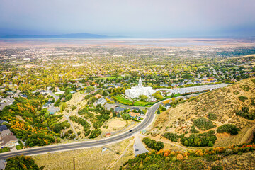 Aerial Overlooking Bountiful, Utah Temple and Valley in the Fall - obrazy, fototapety, plakaty
