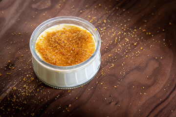Tasty Dish of Creme Brûlée French Dessert in a Glass Bowl