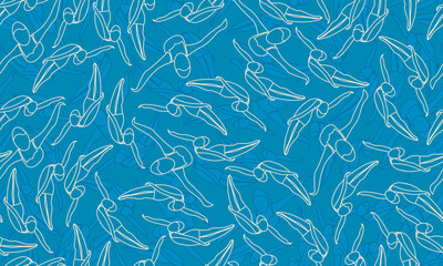 Seamless Pattern With Outlined Swimmers On Blue Background