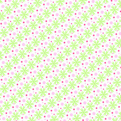 Seamless pattern with pink dots and green flowers on a White Background.