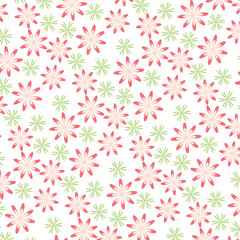 Seamless pattern with pink and green flowers on a White Background.