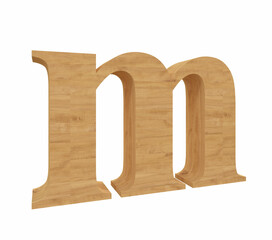 3d rendering small font letter M in wood material, realistic and isolated in white background