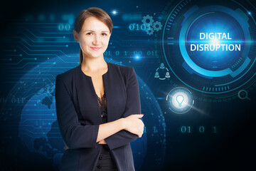 Business, Technology, Internet and network concept. Young businessman working on a virtual screen of the future and sees the inscription: Digital disruption