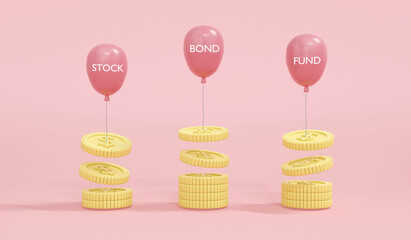 3D Rendering of floating balloos with word bond stock fund taking money coin up on background concept of money portfolio diversification, investment, investment decision. 3D Render. 3D illustration.
