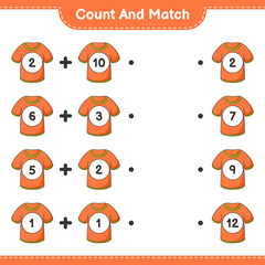 Count and match, count the number of T-shirt and match with the right numbers. Educational children game, printable worksheet, vector illustration