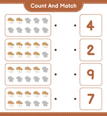 Count and match, count the number of Mushroom Boletus and match with the right numbers. Educational children game, printable worksheet, vector illustration