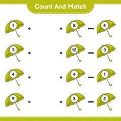 Count and match, count the number of Umbrella and match with the right numbers. Educational children game, printable worksheet, vector illustration