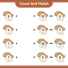 Count and match, count the number of Mushroom Boletus and match with the right numbers. Educational children game, printable worksheet, vector illustration