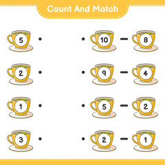 Count and match, count the number of Tea Cup and match with the right numbers. Educational children game, printable worksheet, vector illustration