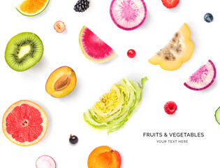 Creative layout made of kiwi, cabbage, radish, apricot, orange, plum, strawberry, raspberry on the white background. Flat lay. Food concept.