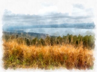 mountain landscape with grassland watercolor style illustration impressionist painting.