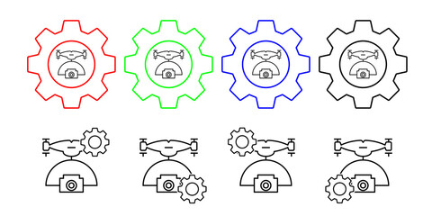 Drone with camera field outline vector icon in gear set illustration for ui and ux, website or mobile application