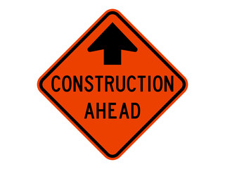 isolated road sign for construction is ahead  with arrow on orange round square board for label, banner, broad, notification, information etc. flat vector design 