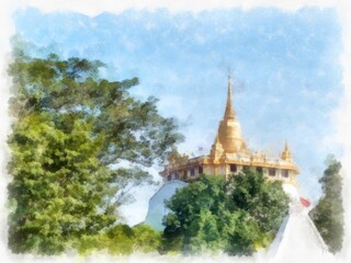 Fototapeta premium Golden Mountain Bangkok Thailand watercolor style illustration impressionist painting.