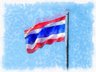 Thai flag pole watercolor style illustration impressionist painting.
