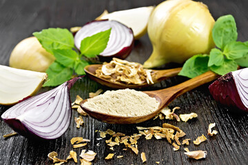 Onion powder and flakes in spoons on board