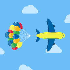 Plane flying with a group of helium balloons in the back. Conceptual vector illustration. 