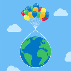 Obraz premium Planet Earth flying with colorful balloons in the sky. Conceptual vector illustration with metaphor and fantasy. 
