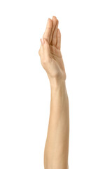 Raised hand voting or reaching. Woman hand gesturing isolated on white