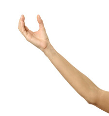 Giving, reaching or holding hand. Woman hand gesturing isolated on white