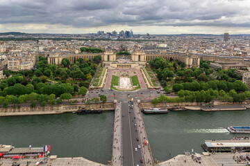Panoramic view of Trocadero Palace, Seine river from Eiffel tower, Paris, France.