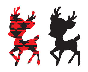 Cute baby Christmas reindeer silhouette with red plaid pattern vector illustration.