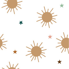 Seamless pattern with sun and star. Boho wall decor.