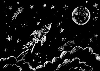 Space, with a rocket flying to the moon in it